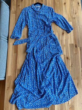 Zara Blue White Marilyn Belted Floral Maxi Dress XL (fits like M!)